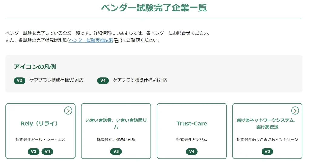 ベンダー試験完了企業一覧